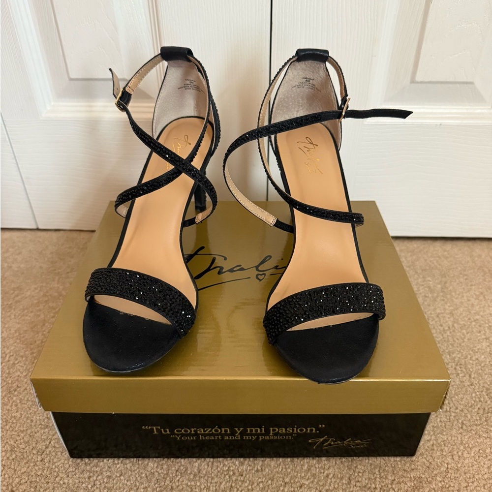 Thalia Sodi Black Glitter Strappy Heels